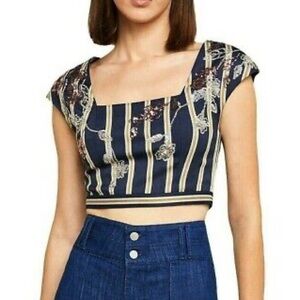 BCBG Women’s Navy and Yellow Striped Sequin Two-Piece Set